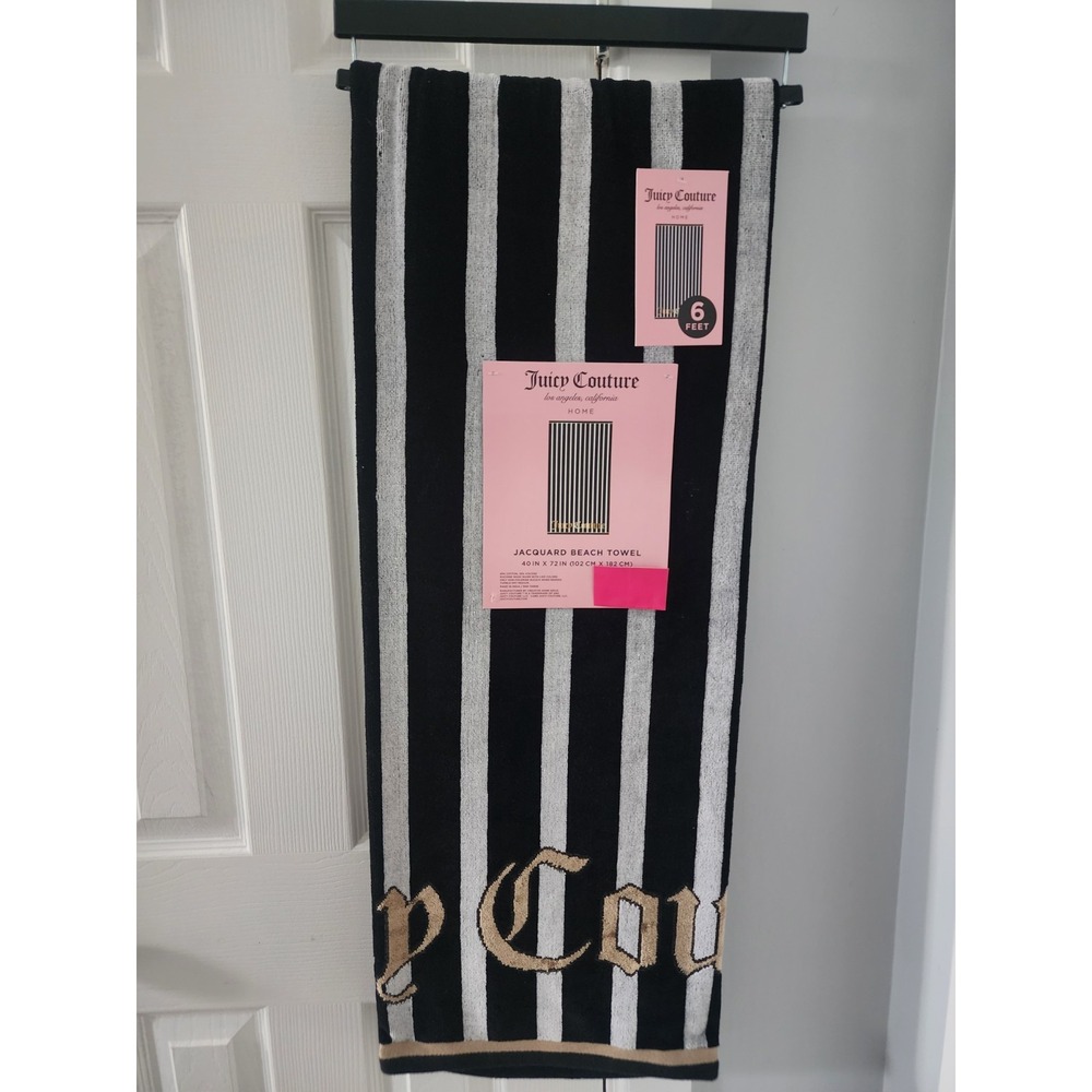 Juicy Couture Black And Gold Striped Jacquard Beach Towel 40x72 NWT